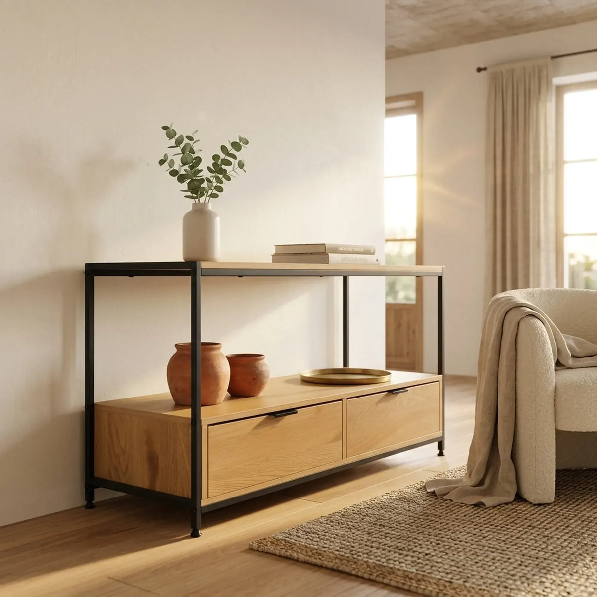 CARLA HOME Coffee Table with 2 Drawers - Open Shelf - Brown - Rustic - Steel - Living Room Bedroom - Image 5