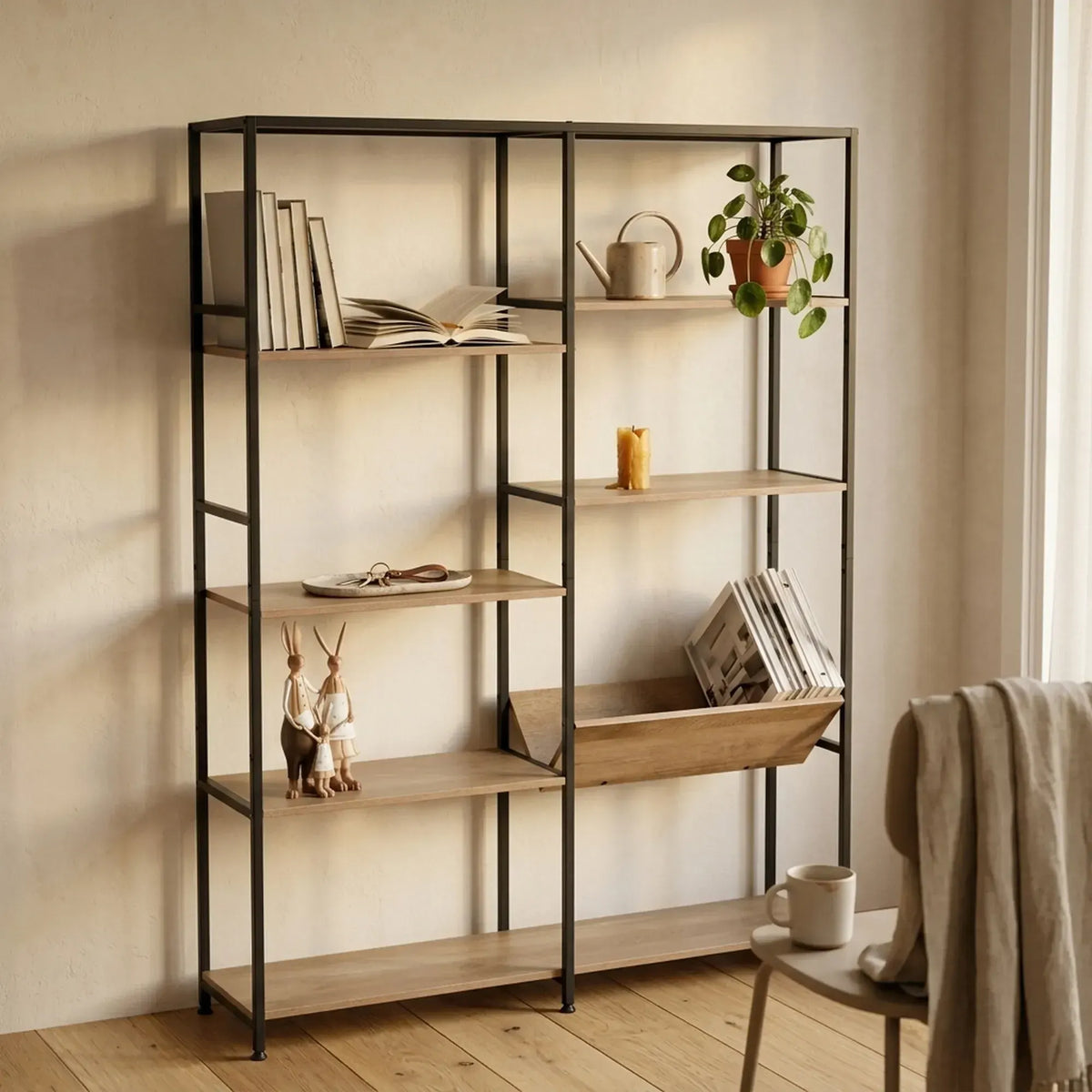 CARLA HOME 7 Shelf Bookcase - Wood Metal Display Shelf - Brown - Rustic - Steel - Living Room Office - Image 2