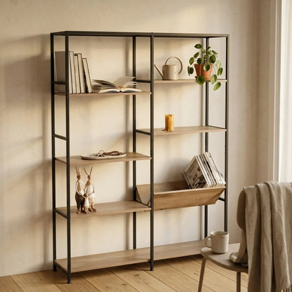 CARLA HOME 7 Shelf Bookcase - Wood Metal Display Shelf - Brown - Rustic - Steel - Living Room Office - Image 2