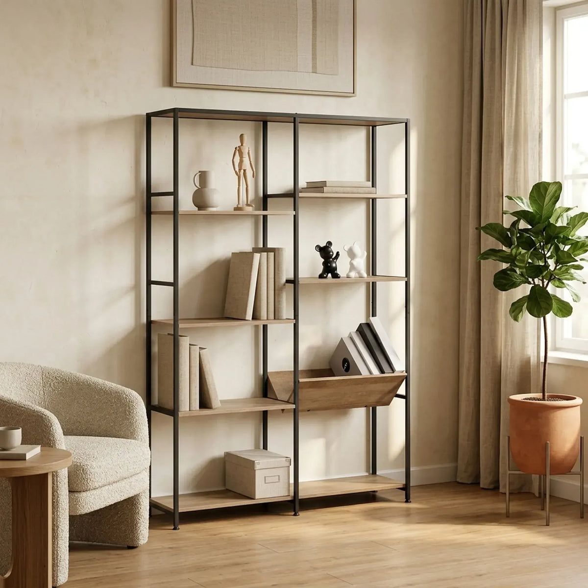 CARLA HOME 7 Shelf Bookcase - Wood Metal Display Shelf - Brown - Rustic - Steel - Living Room Office - Image 5