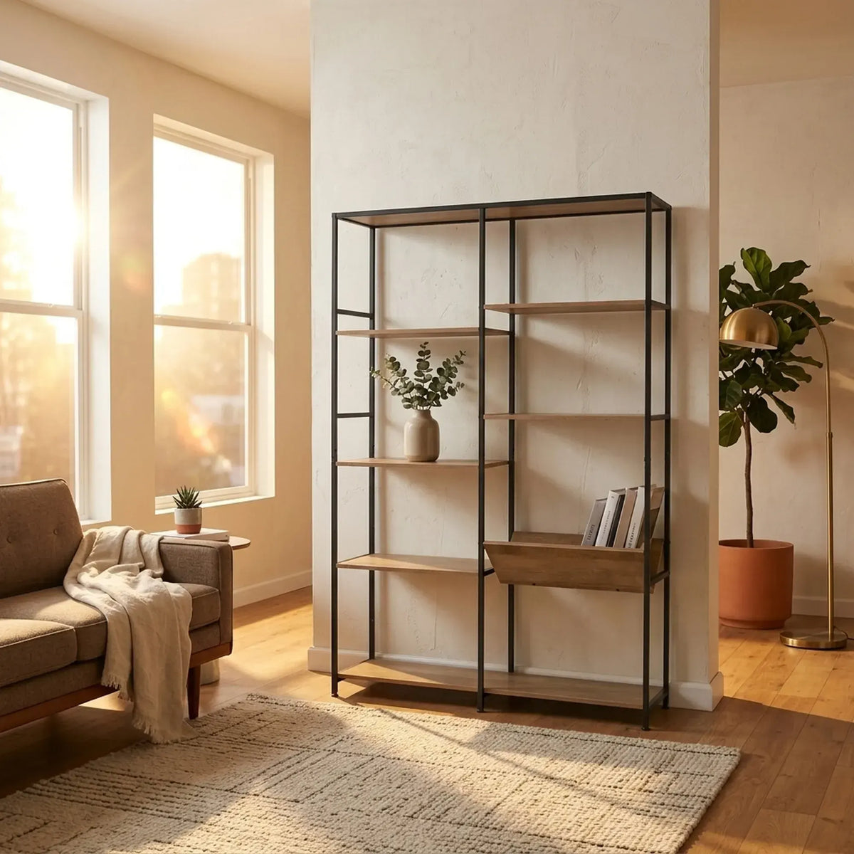 CARLA HOME 7 Shelf Bookcase - Wood Metal Display Shelf - Brown - Rustic - Steel - Living Room Office - Image 6