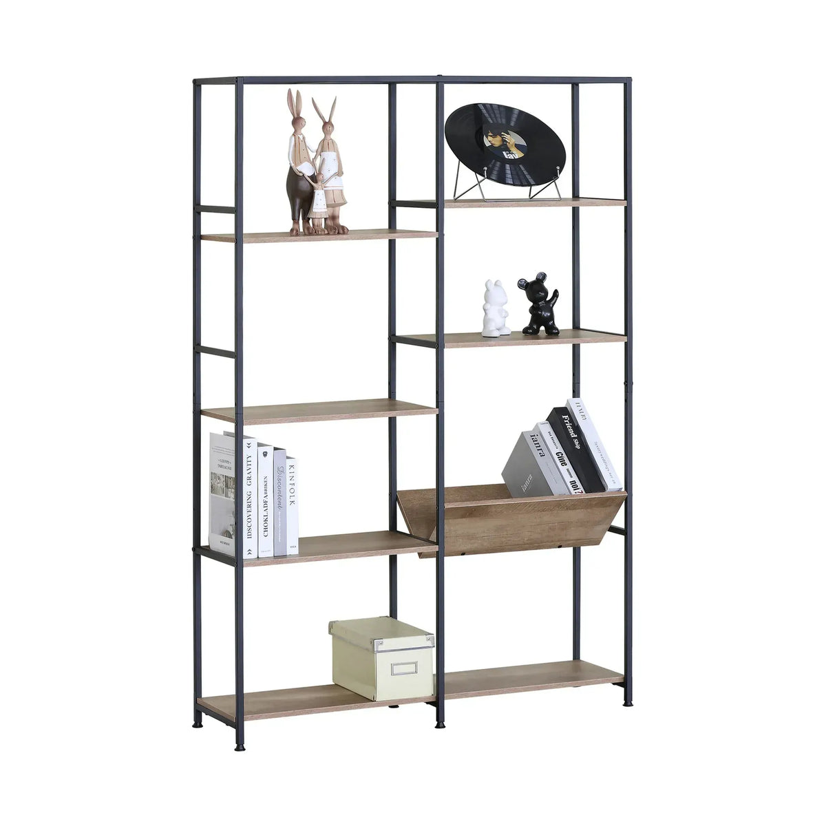 CARLA HOME 7 Shelf Bookcase - Wood Metal Display Shelf - Brown - Rustic - Steel - Living Room Office - Image 9