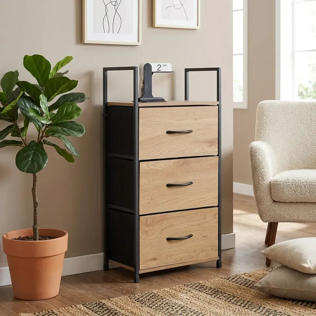 CARLA HOME 3 Drawer Tallboy Storage Cabinet - Brown - Rustic - Steel - Chest Drawers Tallboy - Image 2