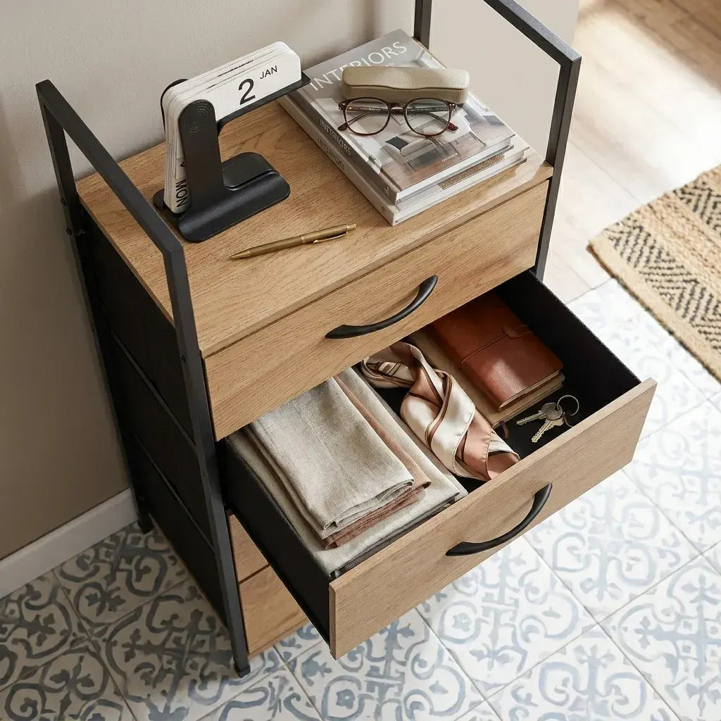 CARLA HOME 3 Drawer Tallboy Storage Cabinet - Brown - Rustic - Steel - Chest Drawers Tallboy - Image 5