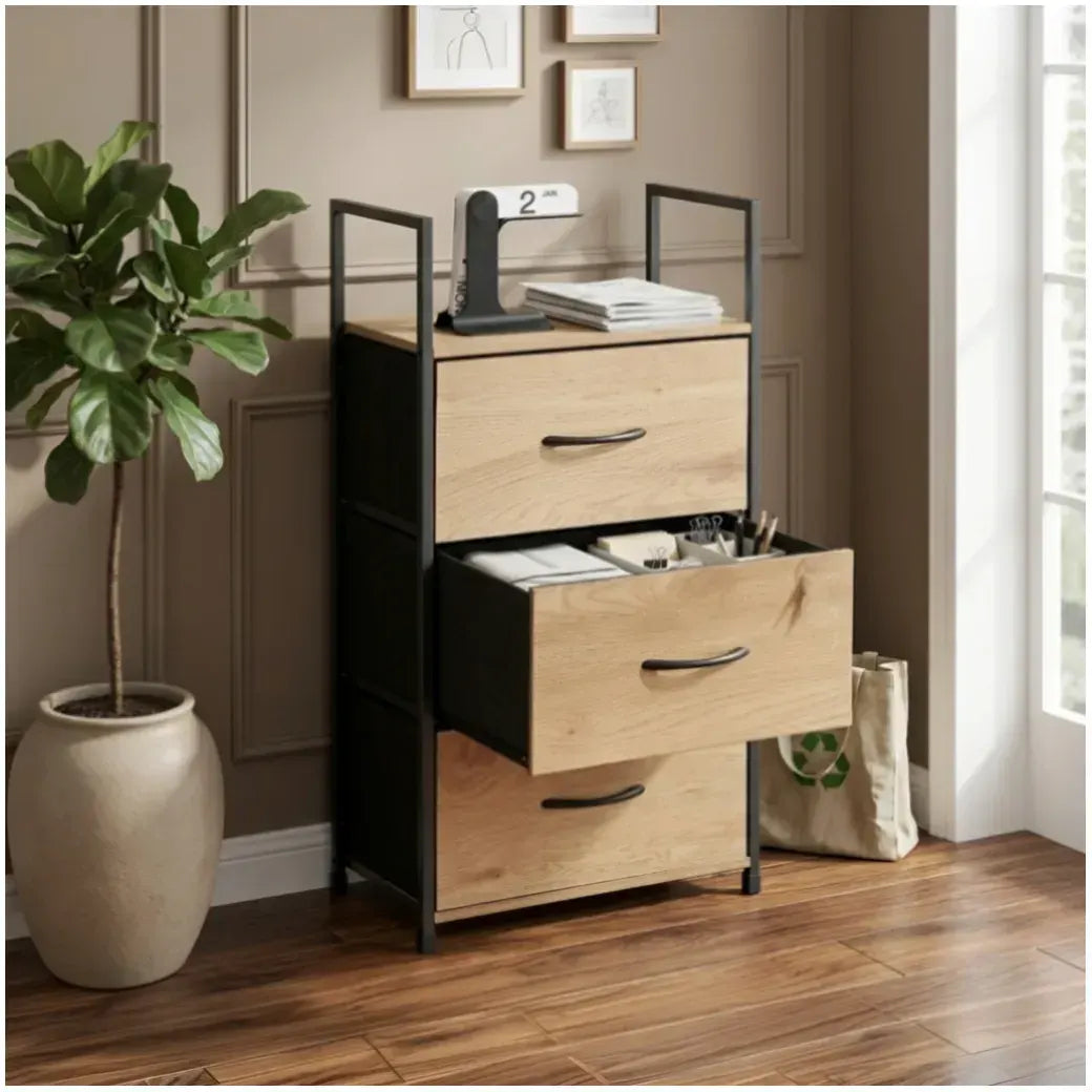 CARLA HOME 3 Drawer Tallboy Storage Cabinet - Brown - Rustic - Steel - Chest Drawers Tallboy - Image 6