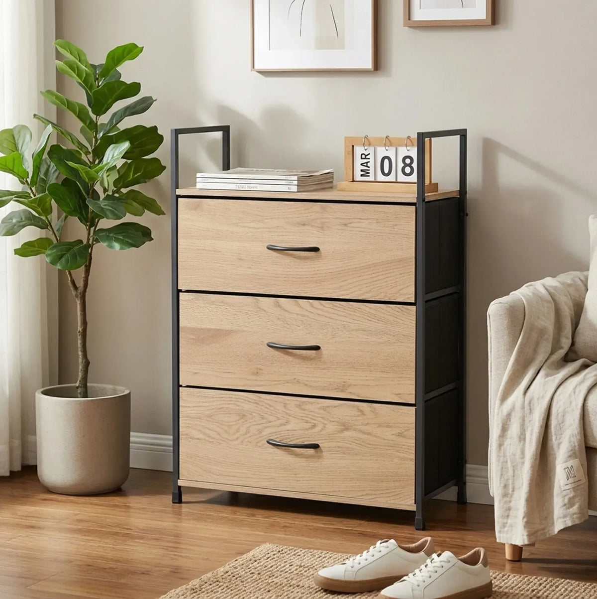 CARLA HOME 3 Drawer Tallboy Large Storage Cabinet - Brown - Rustic - Steel - Chest Drawers Tallboy - Image 2