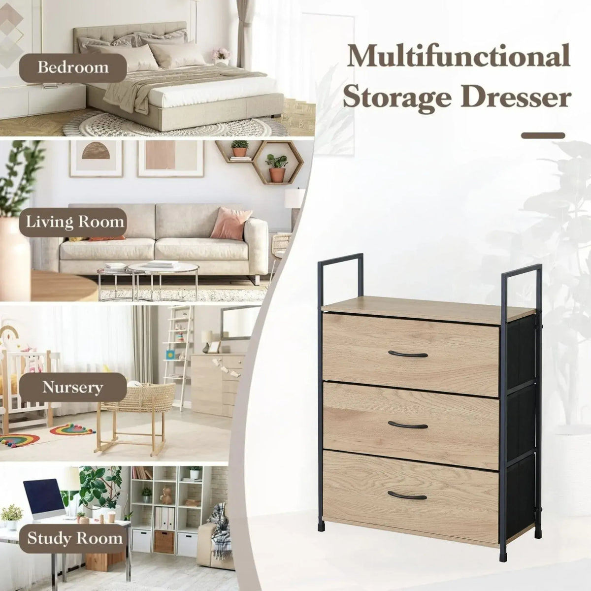 CARLA HOME 3 Drawer Tallboy Large Storage Cabinet - Brown - Rustic - Steel - Chest Drawers Tallboy - Image 4