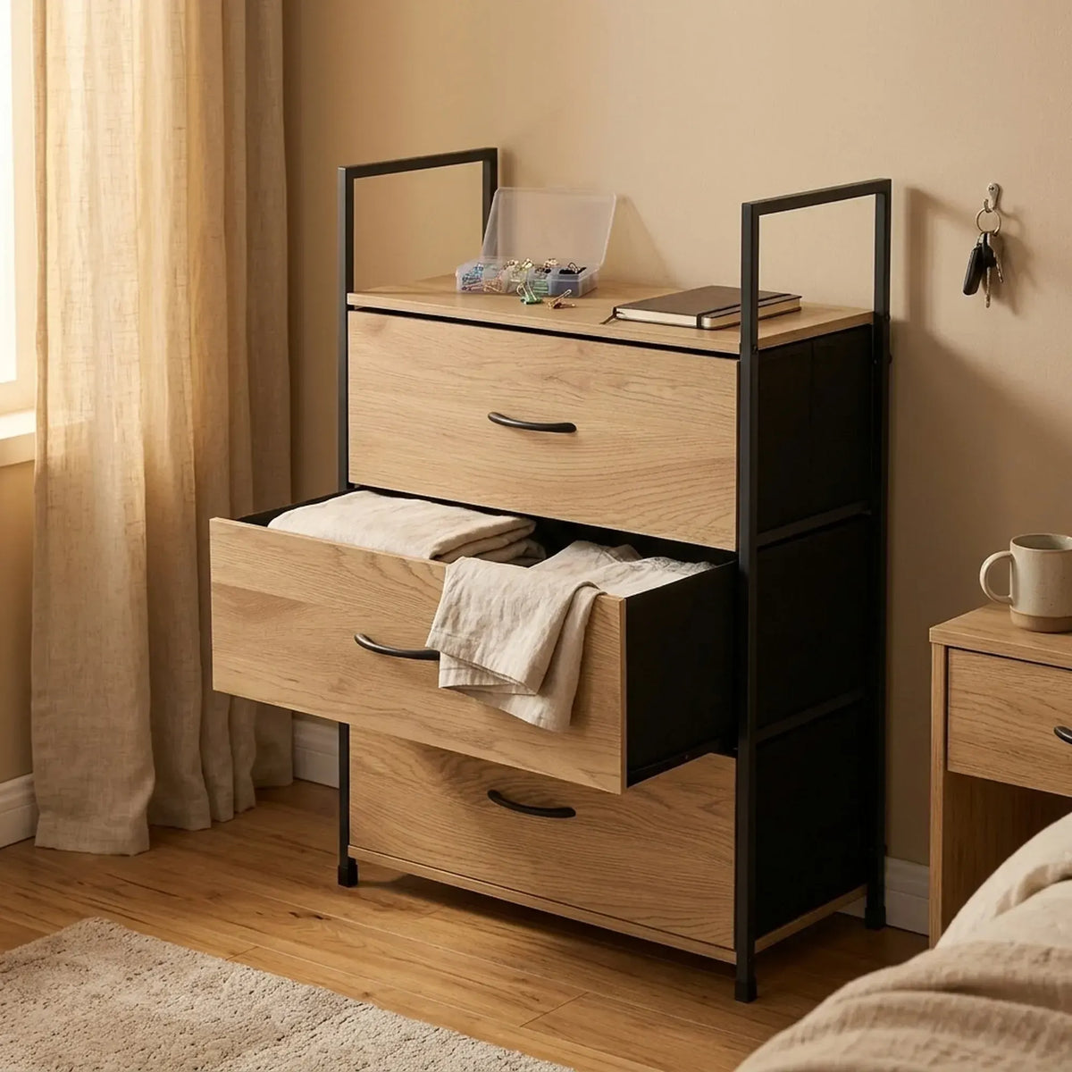 CARLA HOME 3 Drawer Tallboy Large Storage Cabinet - Brown - Rustic - Steel - Chest Drawers Tallboy - Image 5