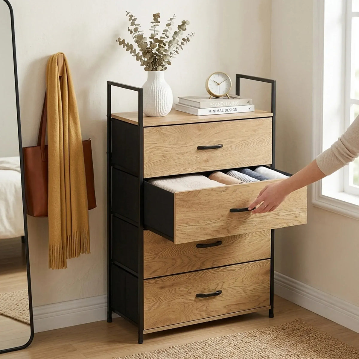 CARLA HOME 4 Drawer Tallboy Large Storage Cabinet - Brown - Rustic - Steel - Chest Drawers Tallboy - Image 2