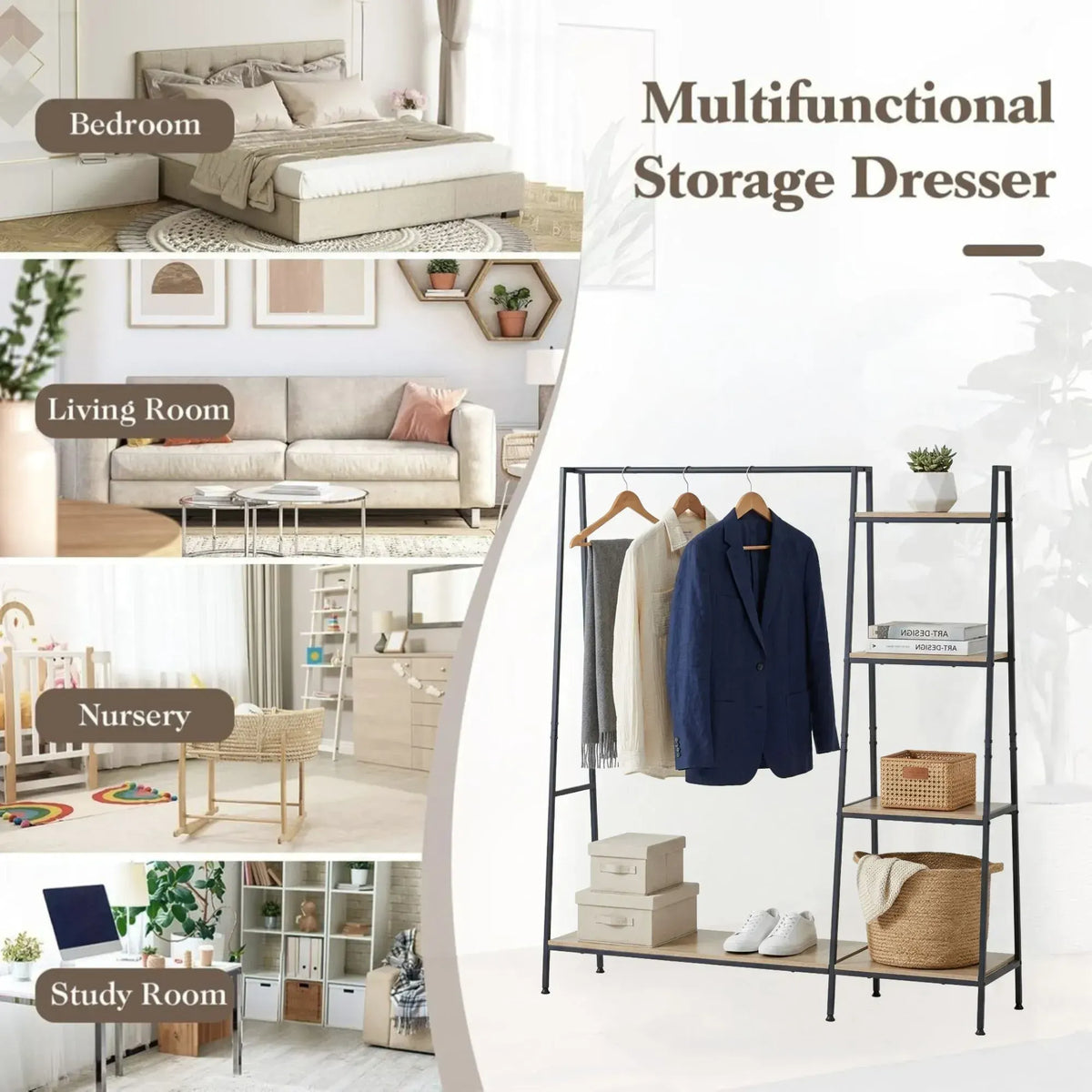 CARLA HOME Freestanding Garment Rack with Shelves - 4 Tier - Brown - Garment Rail - Image 4