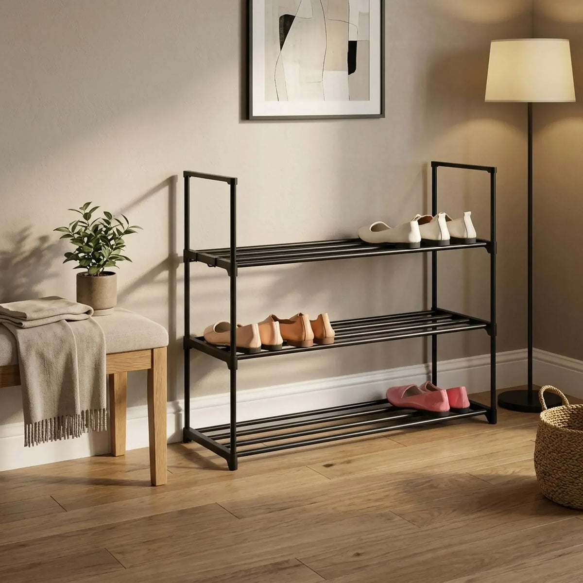 CARLA HOME 3 Tier Metal Shoe Rack - Free Standing Organiser - Black - Basic - Steel - Image 6