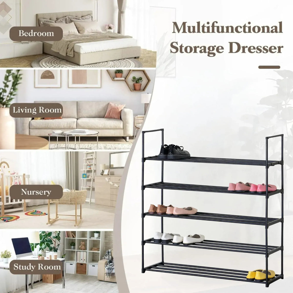 CARLA HOME 5 Tier Metal Shoe Rack - Free Standing Organiser - Black - Basic - Steel - Image 4