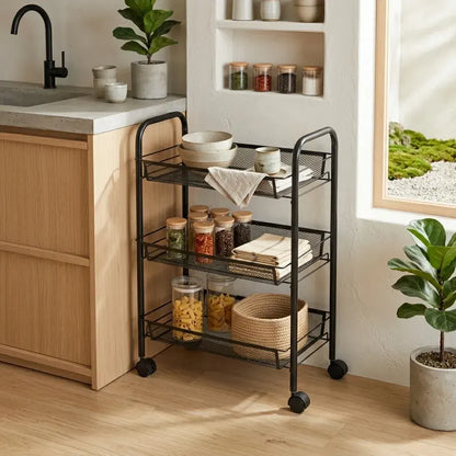 CARLA HOME 3 Tier Rolling Kitchen Trolley Cart - Metal Mesh - Black - Basic - Steel - Image 2