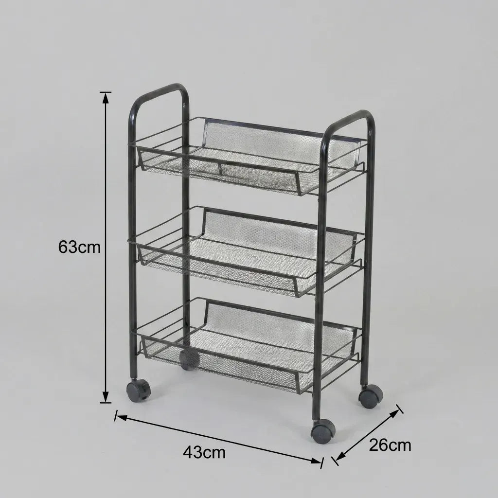 CARLA HOME 3 Tier Rolling Kitchen Trolley Cart - Metal Mesh - Black - Basic - Steel - Image 3