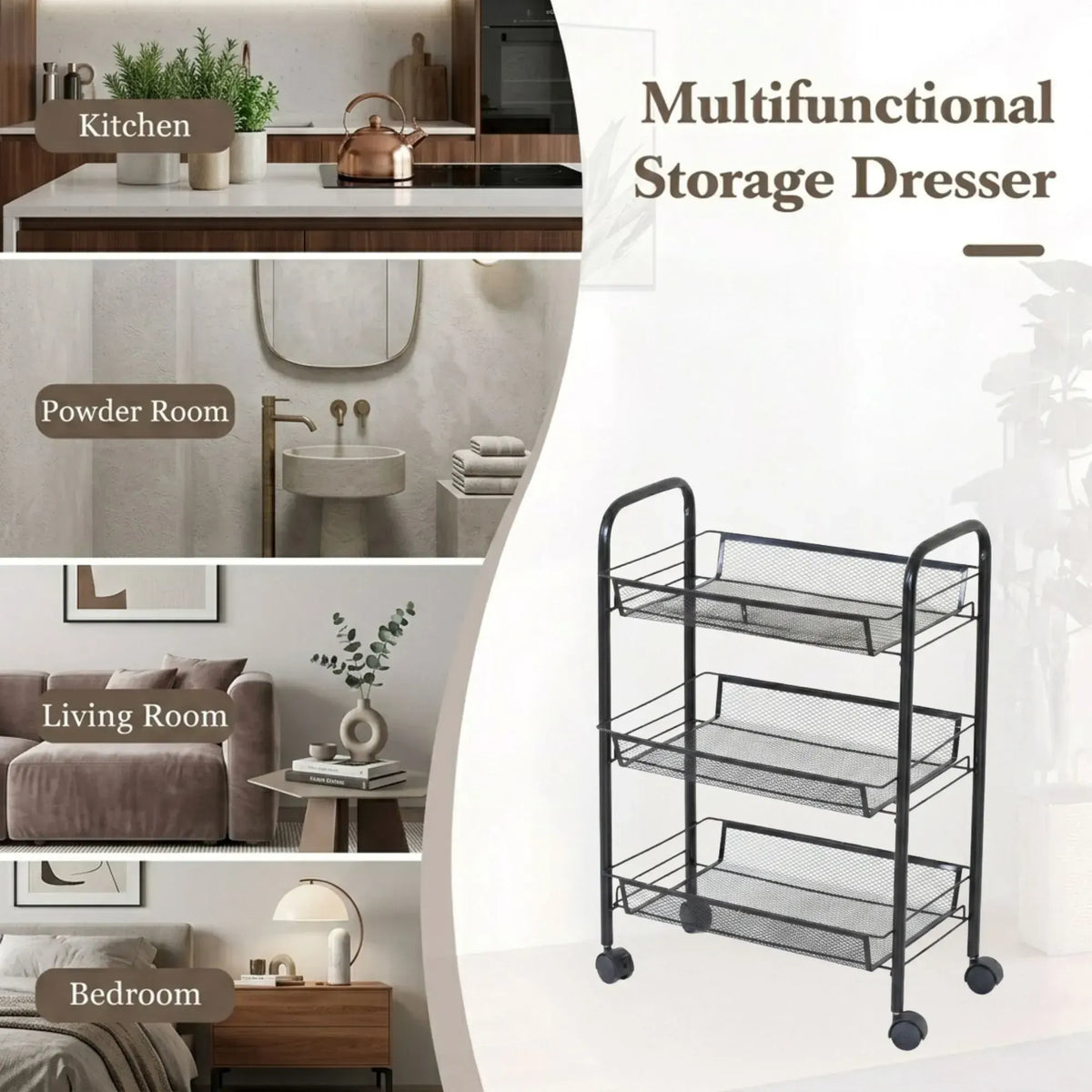 CARLA HOME 3 Tier Rolling Kitchen Trolley Cart - Metal Mesh - Black - Basic - Steel - Image 4