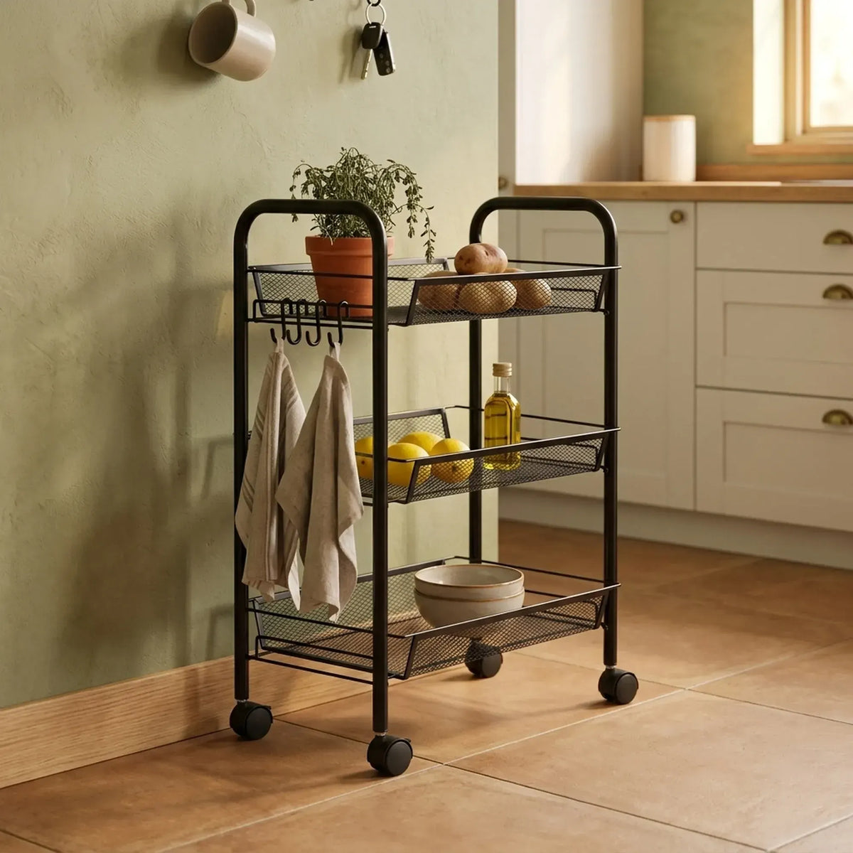 CARLA HOME 3 Tier Rolling Kitchen Trolley Cart - Metal Mesh - Black - Basic - Steel - Image 5