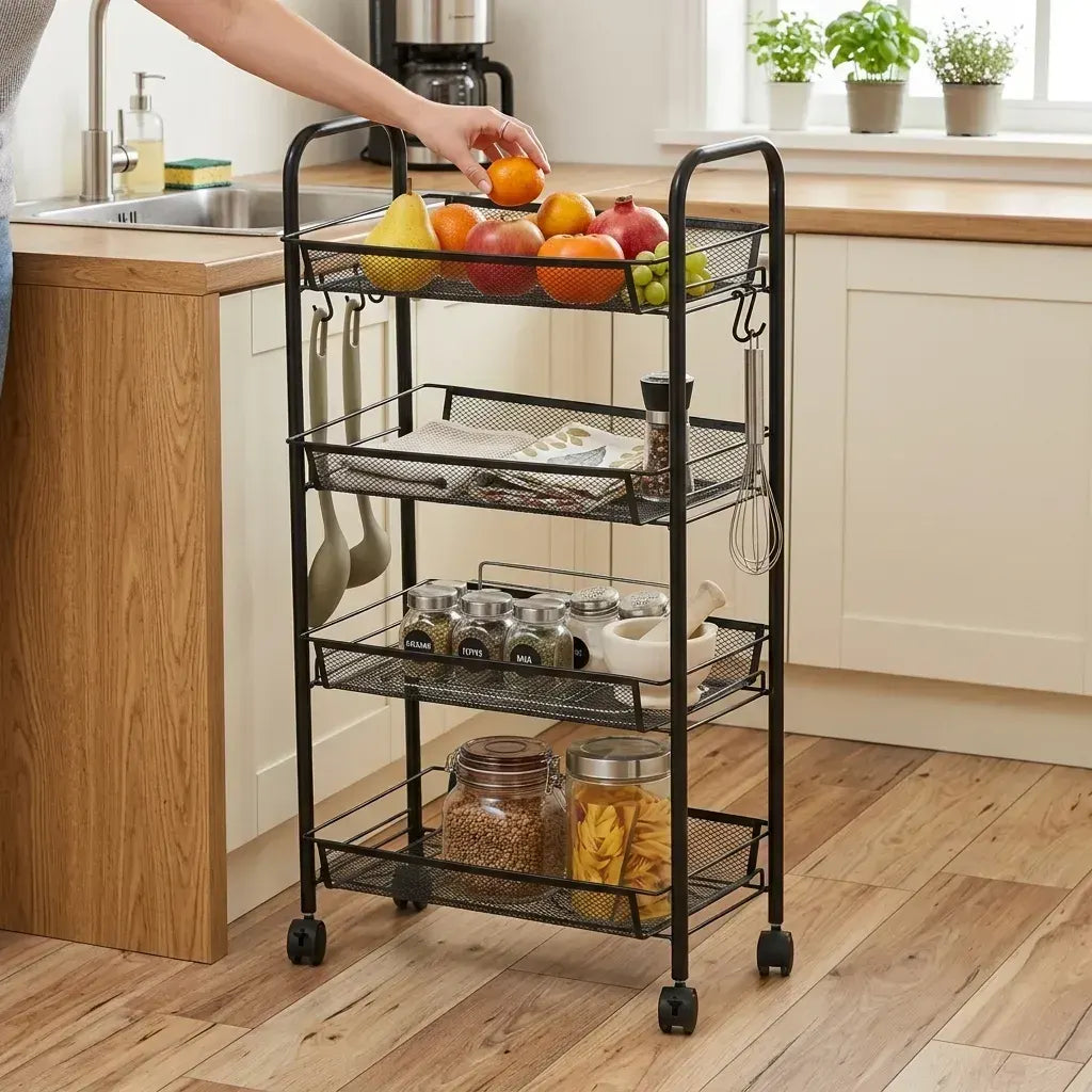 CARLA HOME 4 Tier Rolling Kitchen Trolley Cart - Metal Mesh - Black - Basic - Steel - Image 2