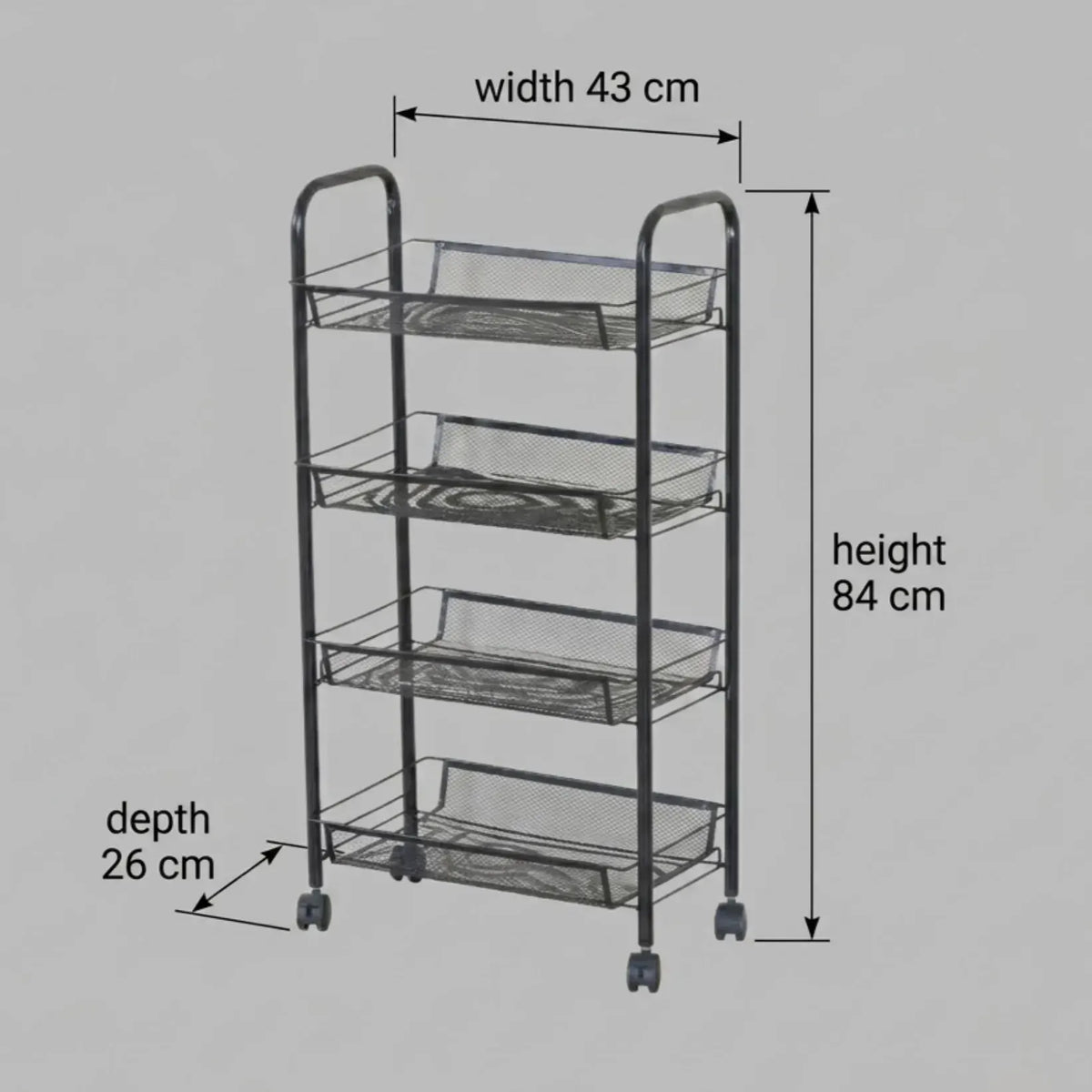 CARLA HOME 4 Tier Rolling Kitchen Trolley Cart - Metal Mesh - Black - Basic - Steel - Image 3