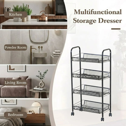 CARLA HOME 4 Tier Rolling Kitchen Trolley Cart - Metal Mesh - Black - Basic - Steel - Image 4