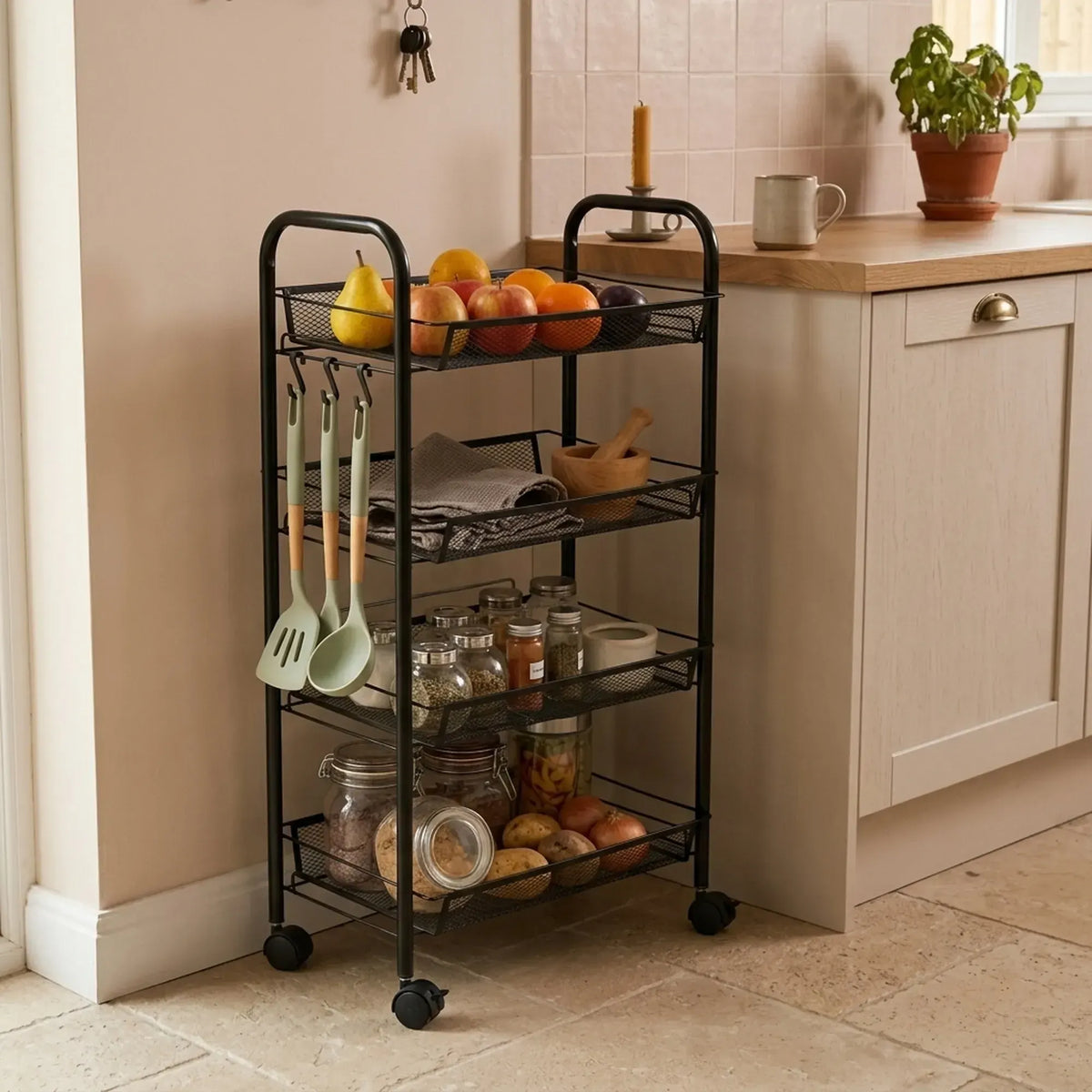 CARLA HOME 4 Tier Rolling Kitchen Trolley Cart - Metal Mesh - Black - Basic - Steel - Image 5