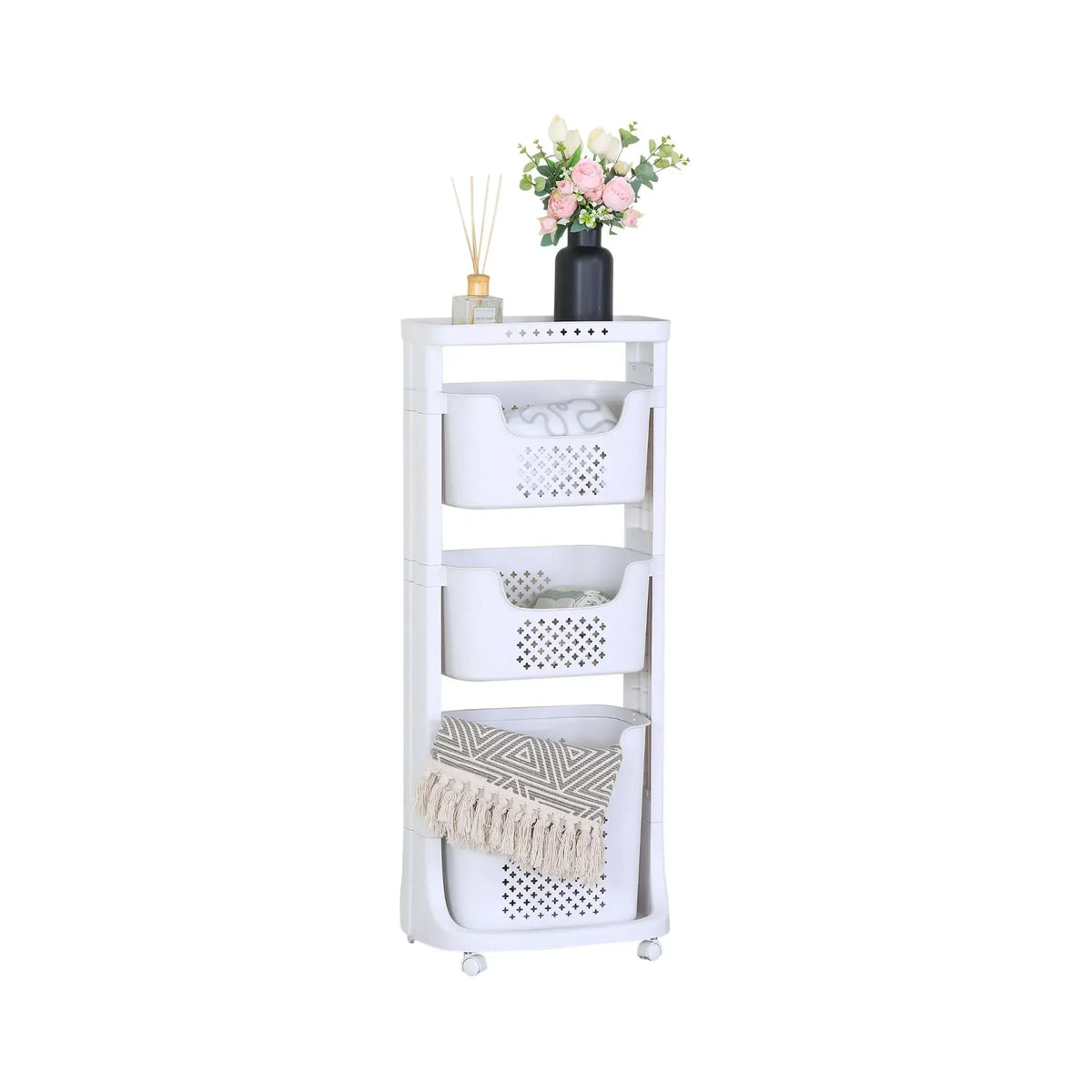 CARLA HOME 3 Tier Rolling Laundry Basket - White with Wheels - Basic - Plastic - 3 - tier Rolling Laundry
