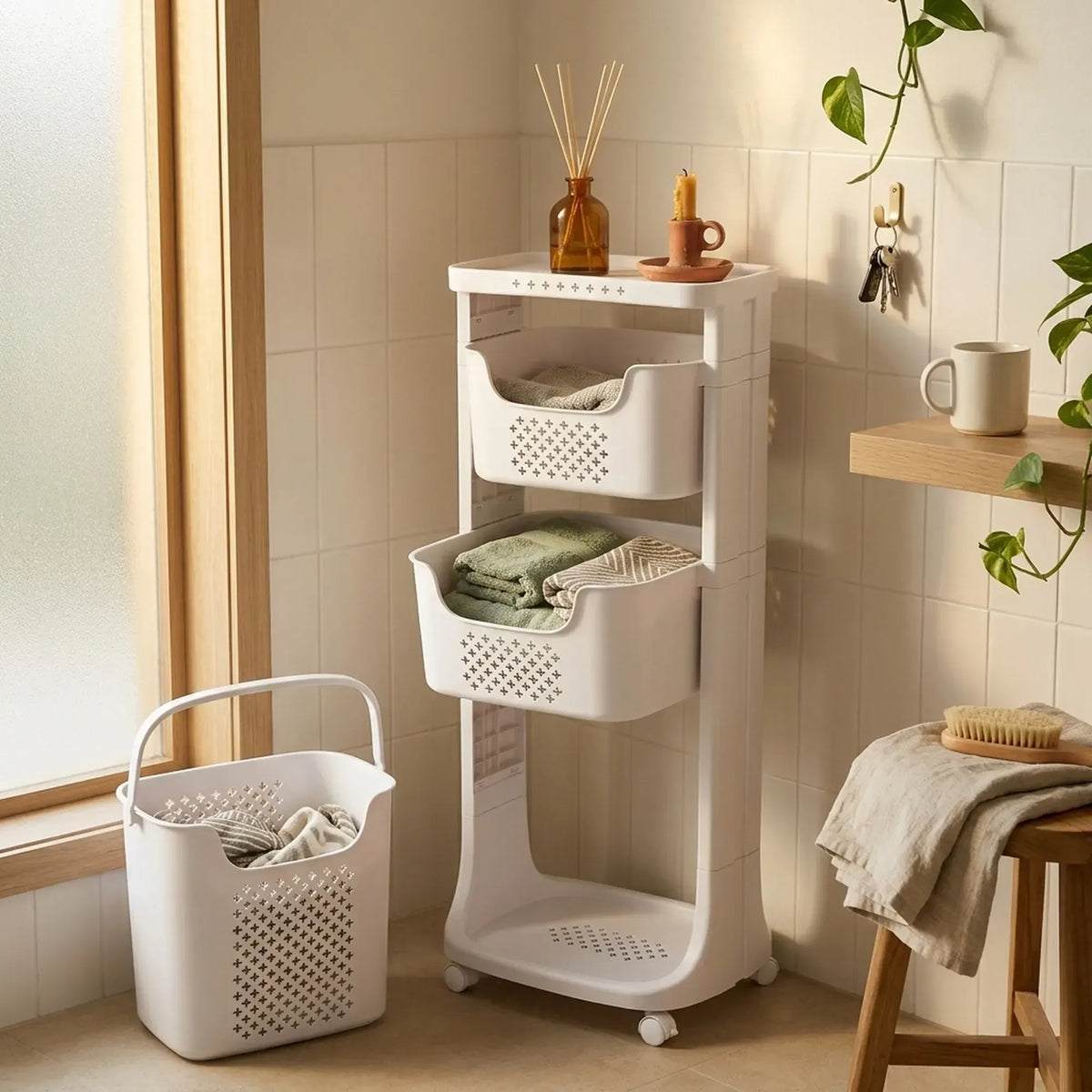 CARLA HOME 3 Tier Rolling Laundry Basket - White with Wheels - Basic - Plastic - 3 - tier Rolling Laundry - Image 5
