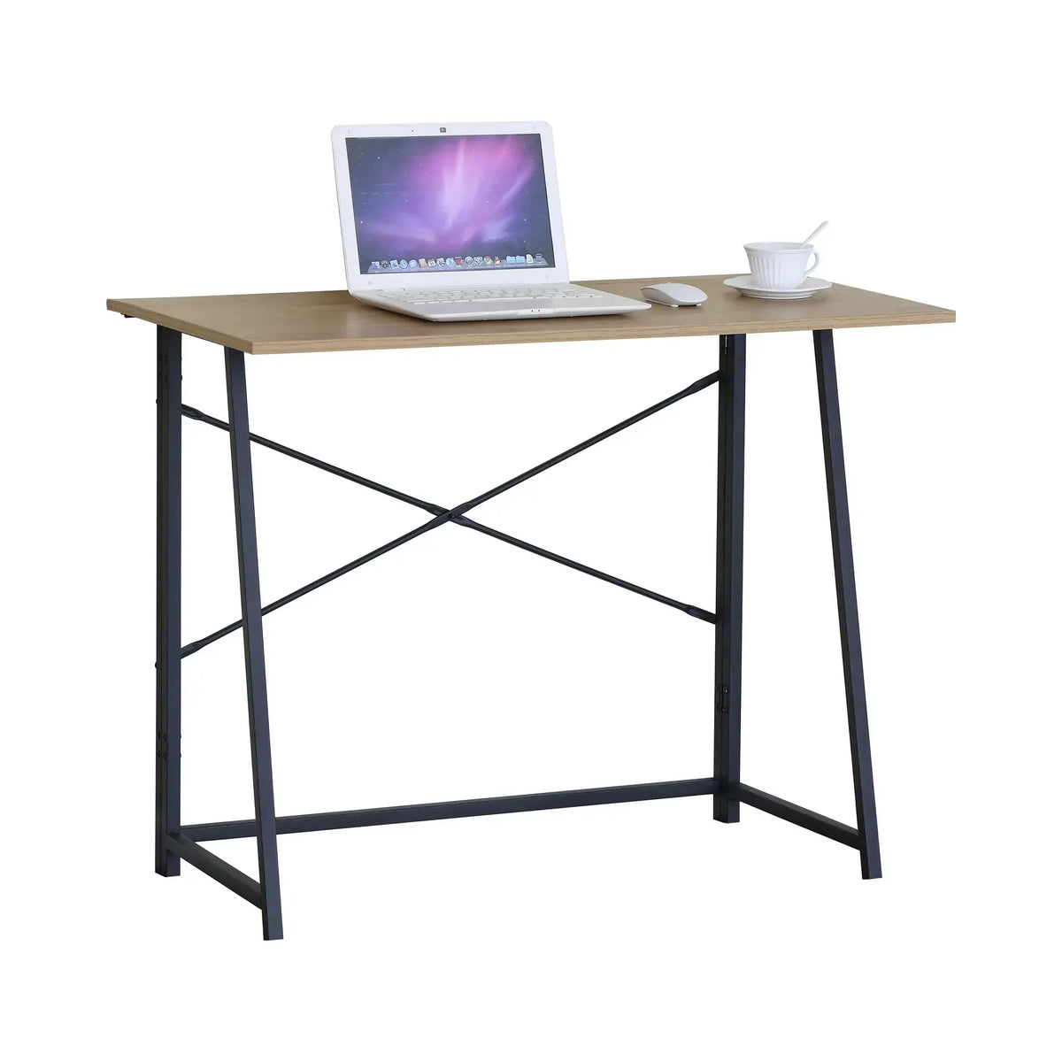 CARLA HOME Foldable Computer Desk - Oak Steel Frame Study Table - Brown - Foldable Desk
