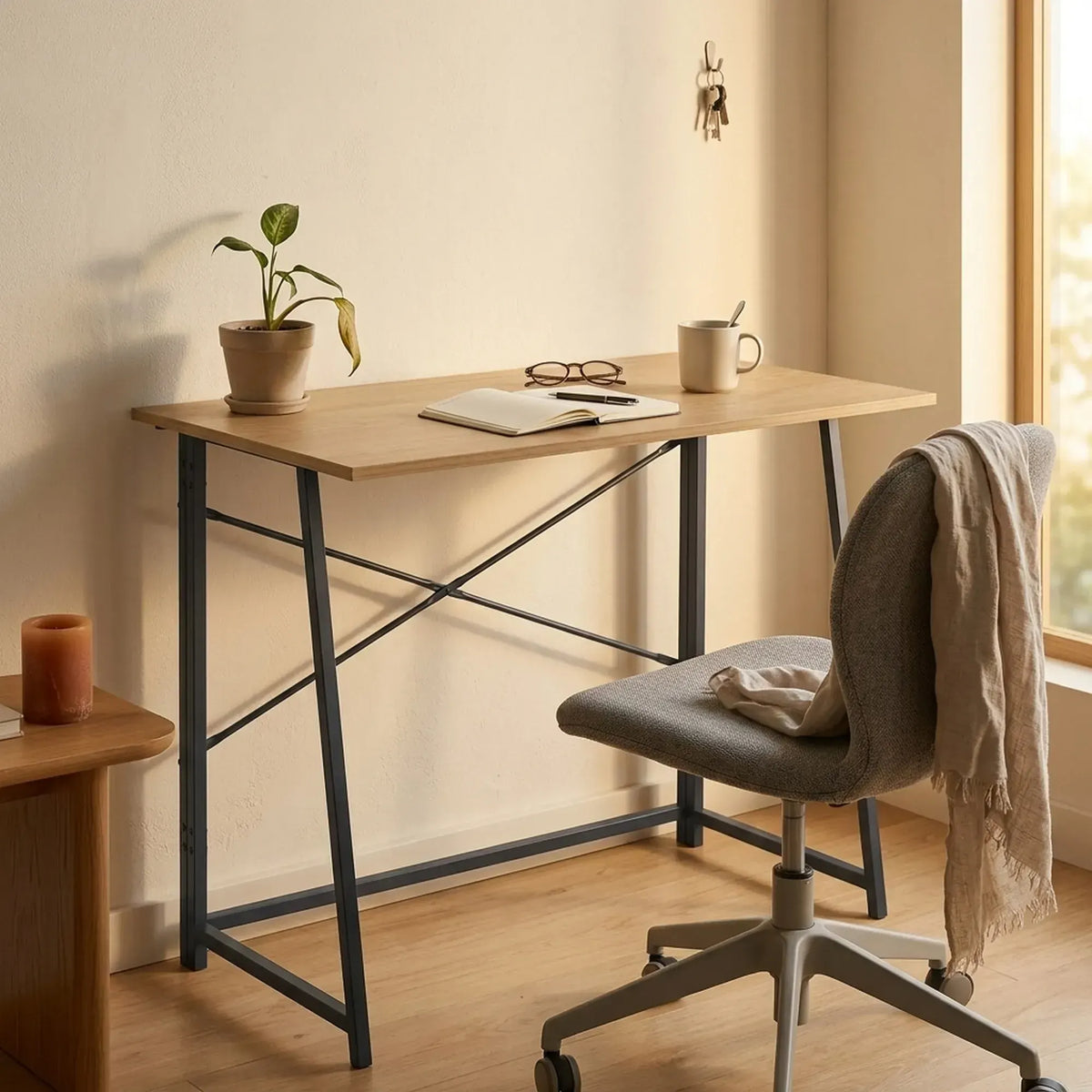 CARLA HOME Foldable Computer Desk - Oak Steel Frame Study Table - Brown - Foldable Desk - Image 2
