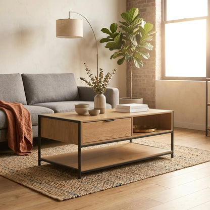 CARLA HOME Coffee Table with Drawer - Wood and Metal Frame - Brown - Rustic - Steel - Image 2