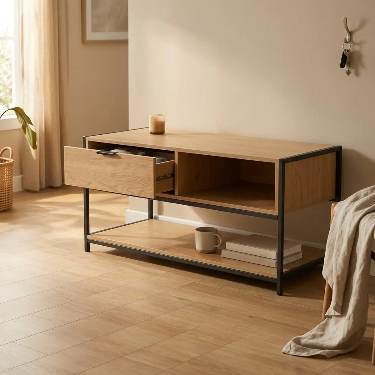 CARLA HOME Coffee Table with Drawer - Wood and Metal Frame - Brown - Rustic - Steel - Image 5