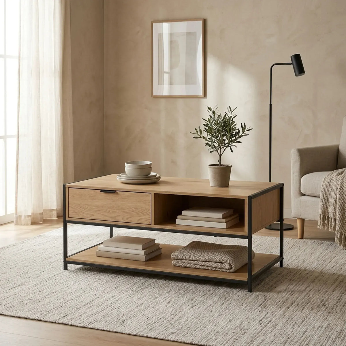 CARLA HOME Coffee Table with Drawer - Wood and Metal Frame - Brown - Rustic - Steel - Image 6
