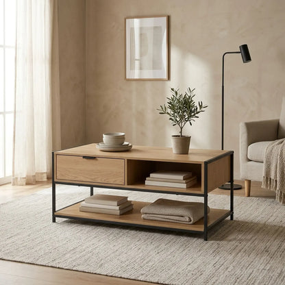 CARLA HOME Coffee Table with Drawer - Wood and Metal Frame - Brown - Rustic - Steel - Image 6