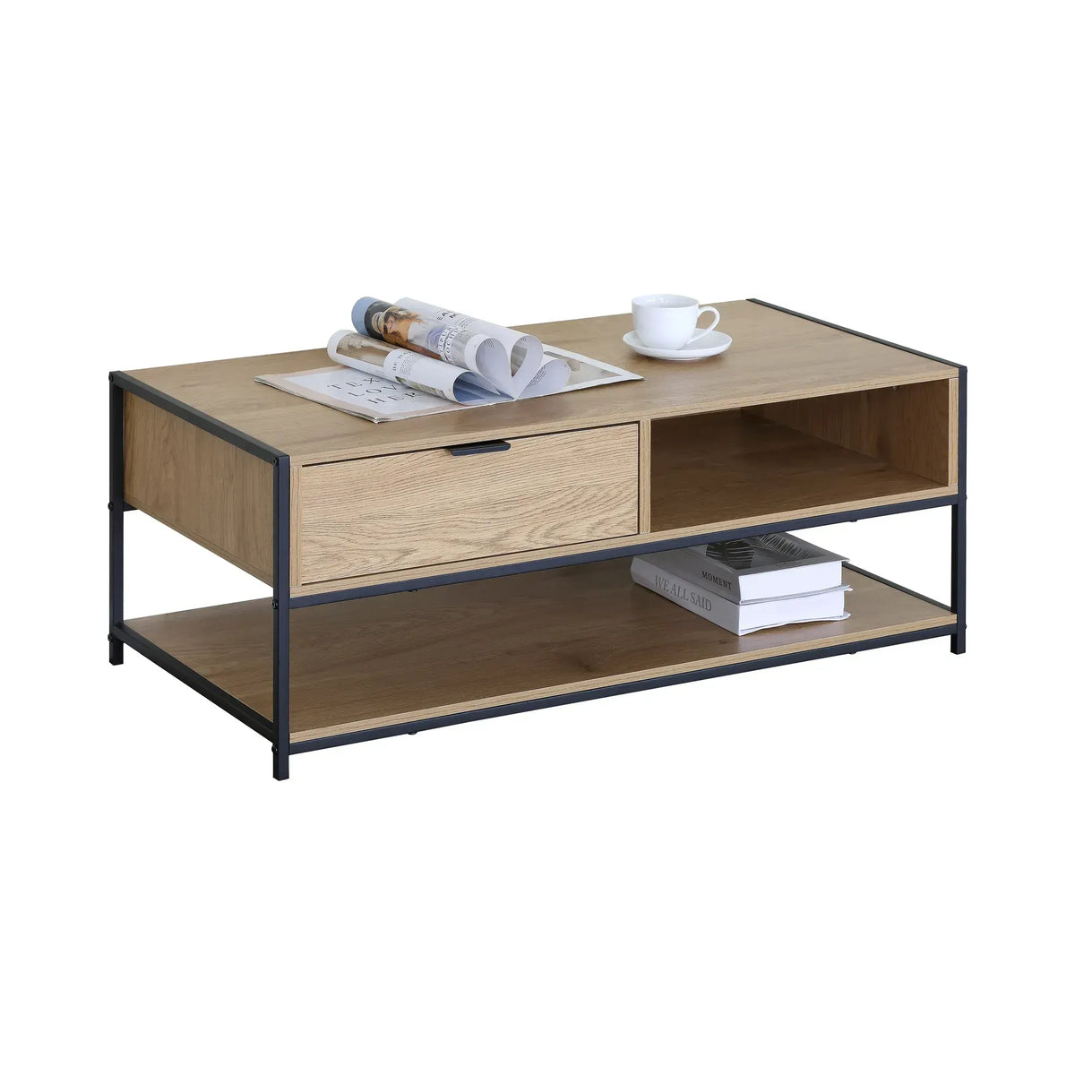 CARLA HOME Coffee Table with Drawer - Wood and Metal Frame - Brown - Rustic - Steel - Image 9