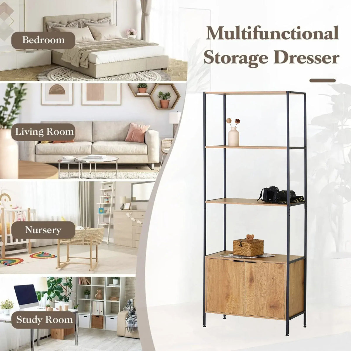 CARLA HOME Bookcase with Cabinet - 3 - Tier Display Shelf - Brown - Storage Cabinet - Image 4