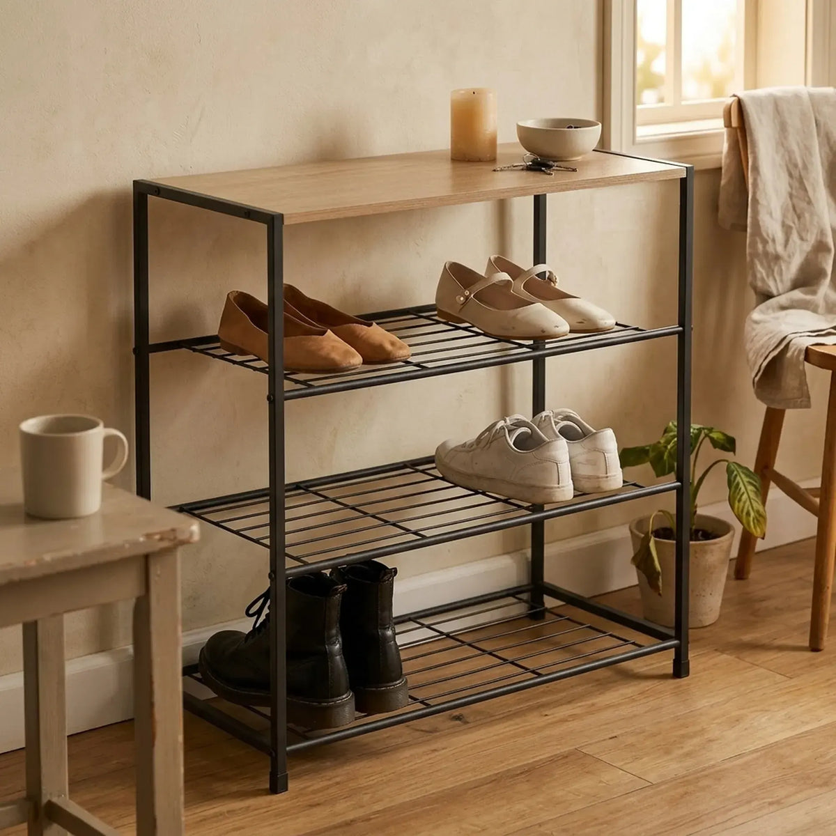 CARLA HOME 4 Tier Shoe Rack with Mdf Top Shelf - Metal - Brown - Rustic - Steel - Metal Mesh Shelves - Image 2