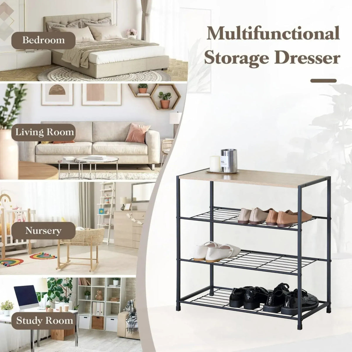 CARLA HOME 4 Tier Shoe Rack with Mdf Top Shelf - Metal - Brown - Rustic - Steel - Metal Mesh Shelves - Image 4