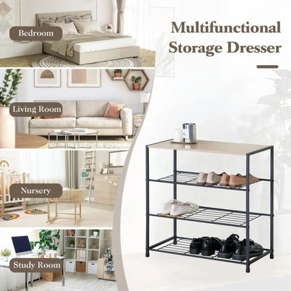 CARLA HOME 4 Tier Shoe Rack with Mdf Top Shelf - Metal - Brown - Rustic - Steel - Metal Mesh Shelves - Image 4