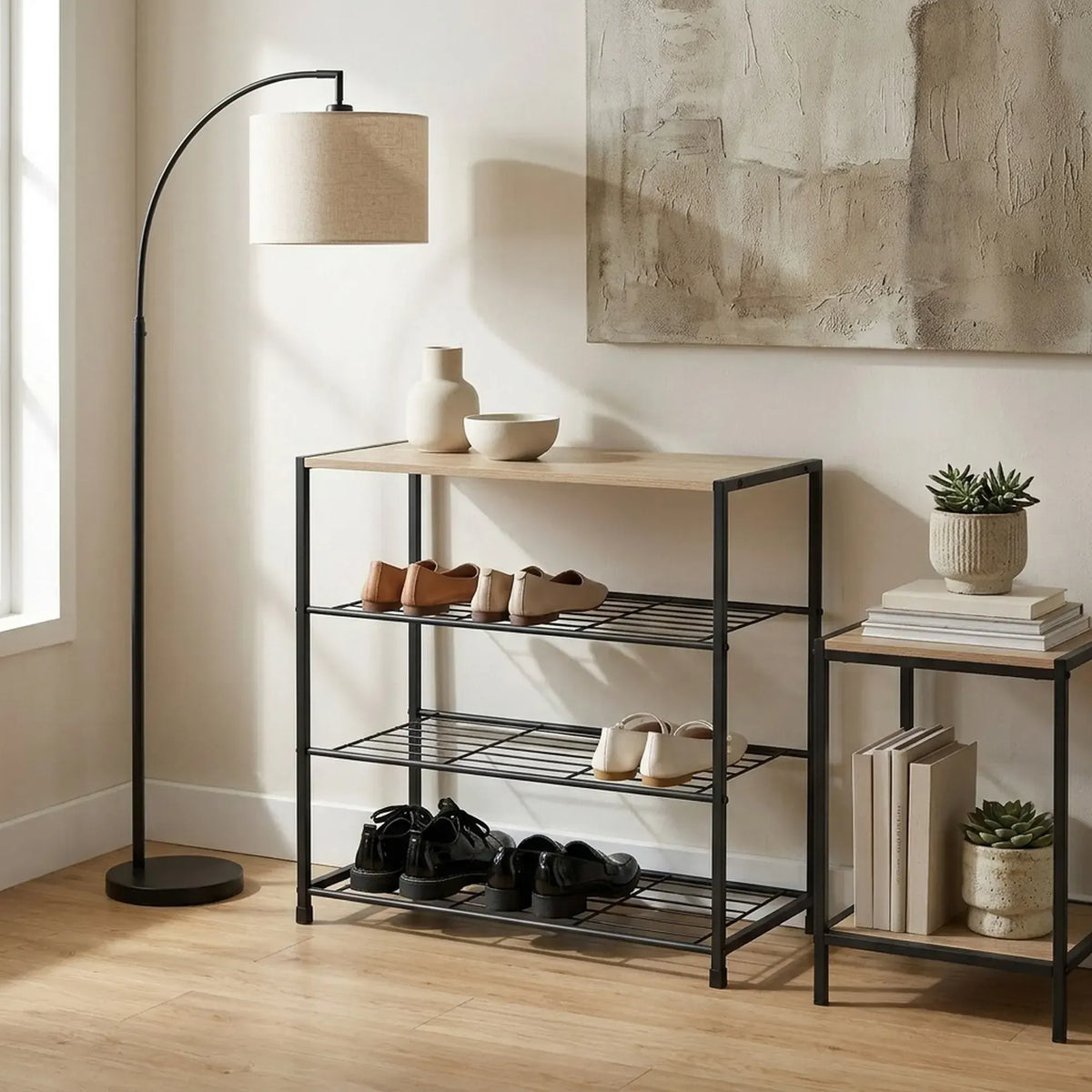 CARLA HOME 4 Tier Shoe Rack with Mdf Top Shelf - Metal - Brown - Rustic - Steel - Metal Mesh Shelves - Image 5