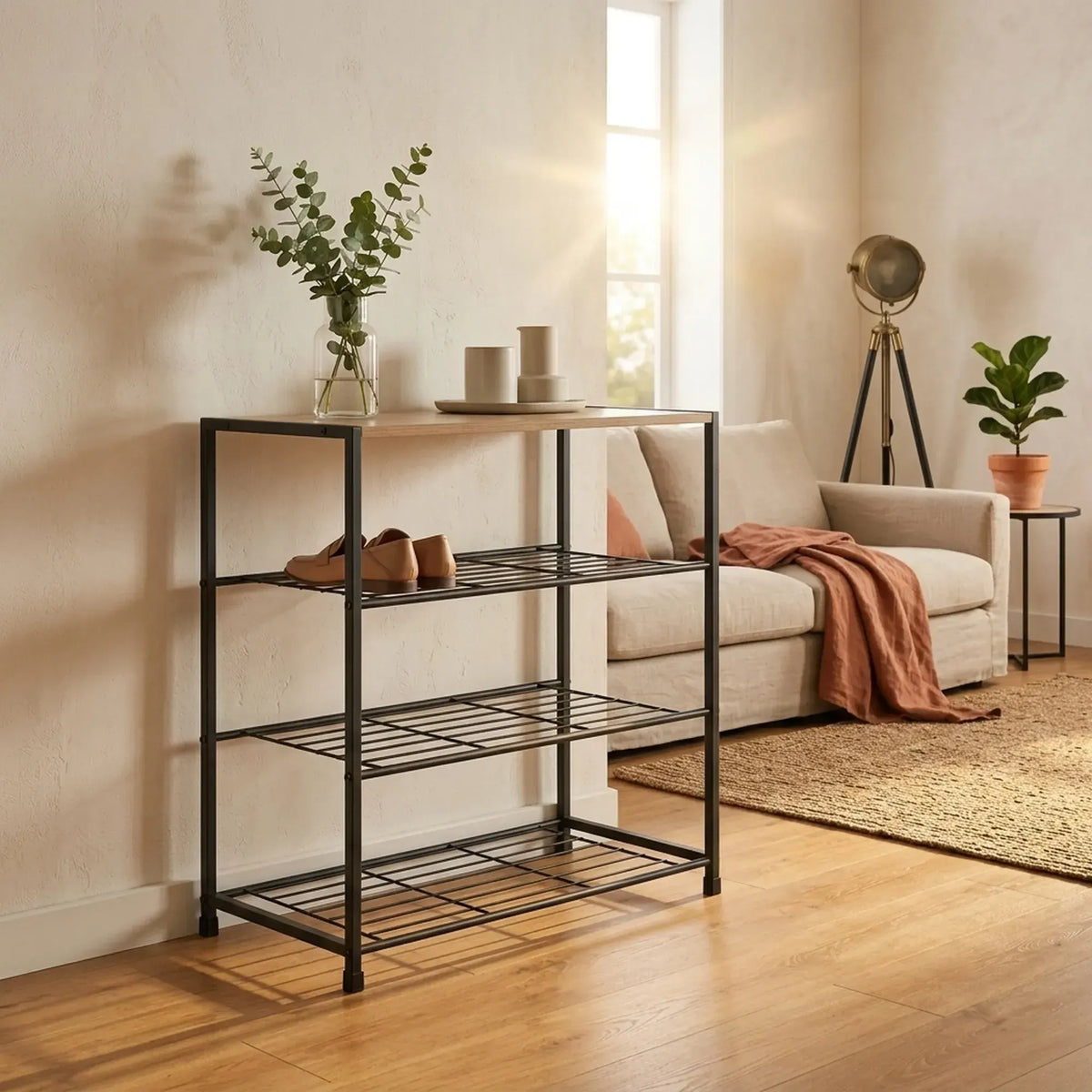 CARLA HOME 4 Tier Shoe Rack with Mdf Top Shelf - Metal - Brown - Rustic - Steel - Metal Mesh Shelves - Image 6