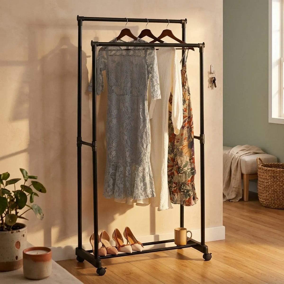 CARLA HOME Double Rod Garment Rack with Wheels - Black - Basic - Steel - Double Rod Clothes - Image 2