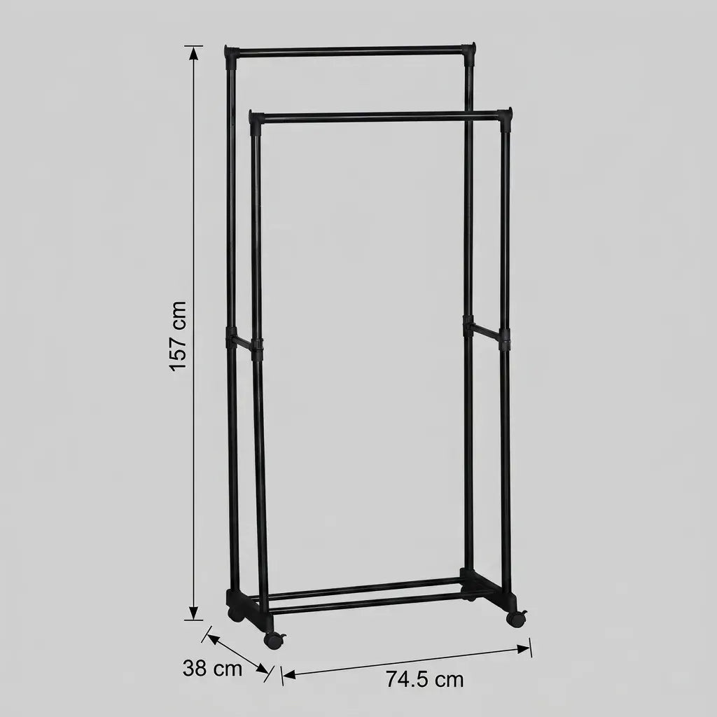 CARLA HOME Double Rod Garment Rack with Wheels - Black - Basic - Steel - Double Rod Clothes - Image 3