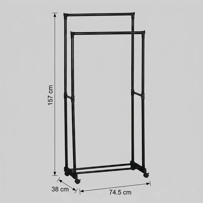 CARLA HOME Double Rod Garment Rack with Wheels - Black - Basic - Steel - Double Rod Clothes - Image 3