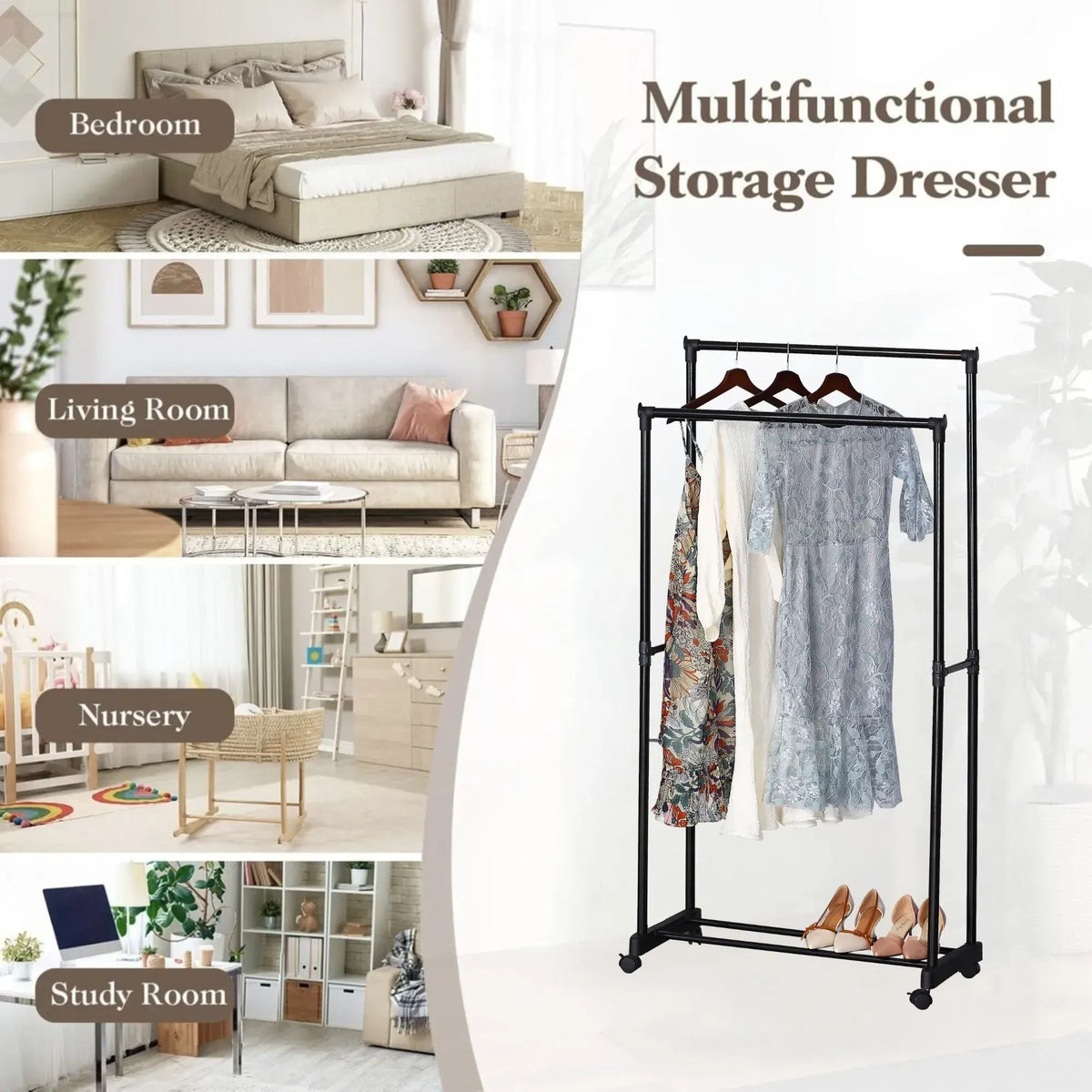 CARLA HOME Double Rod Garment Rack with Wheels - Black - Basic - Steel - Double Rod Clothes - Image 4