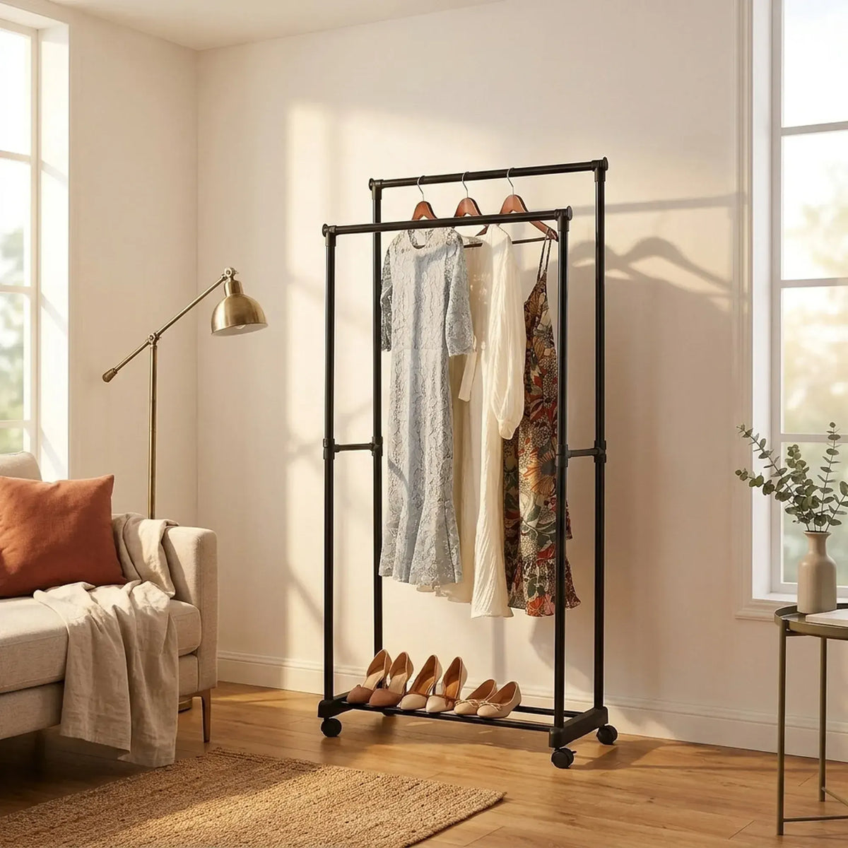 CARLA HOME Double Rod Garment Rack with Wheels - Black - Basic - Steel - Double Rod Clothes - Image 5