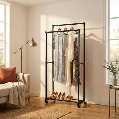 CARLA HOME Double Rod Garment Rack with Wheels - Black - Basic - Steel - Double Rod Clothes - Image 5