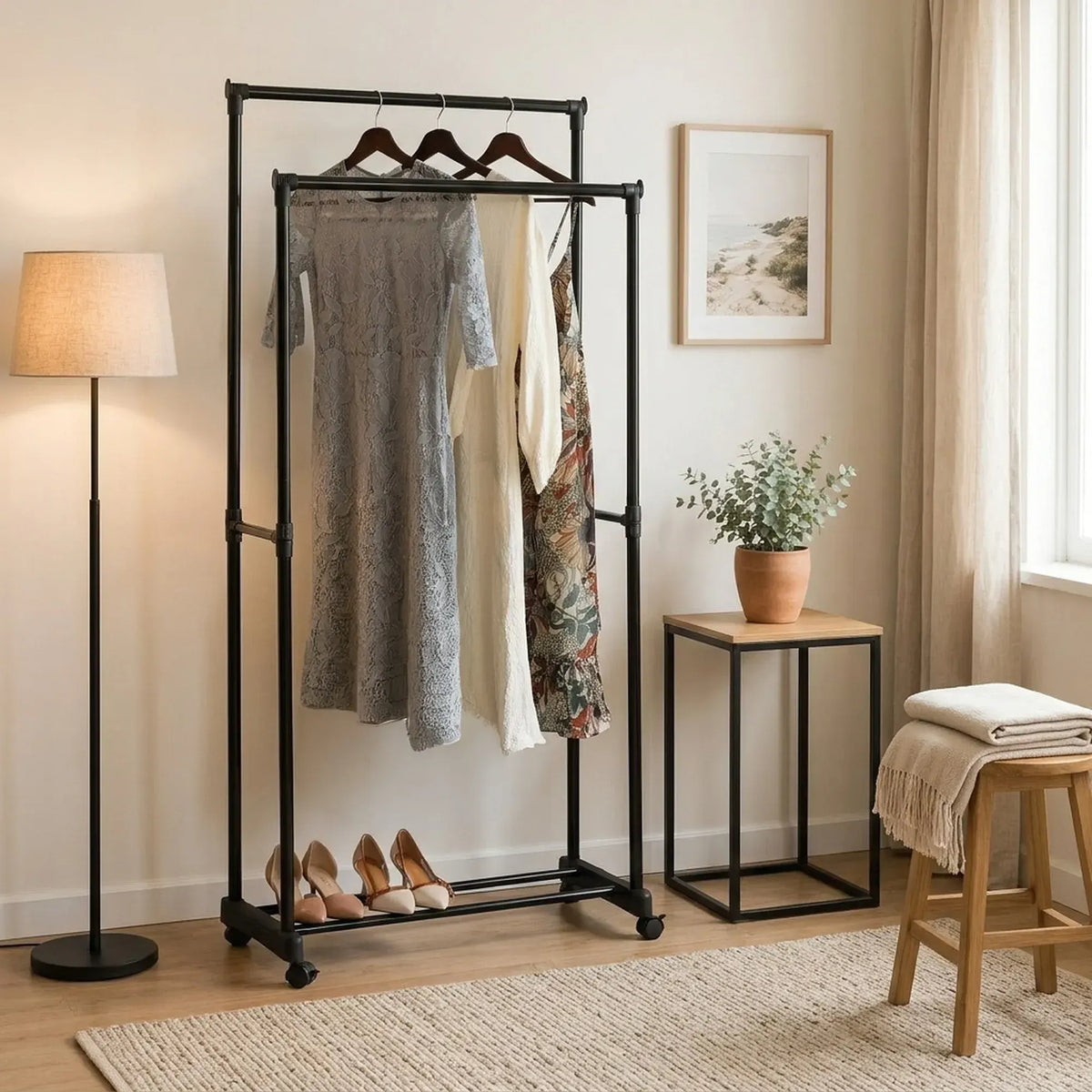 CARLA HOME Double Rod Garment Rack with Wheels - Black - Basic - Steel - Double Rod Clothes - Image 6