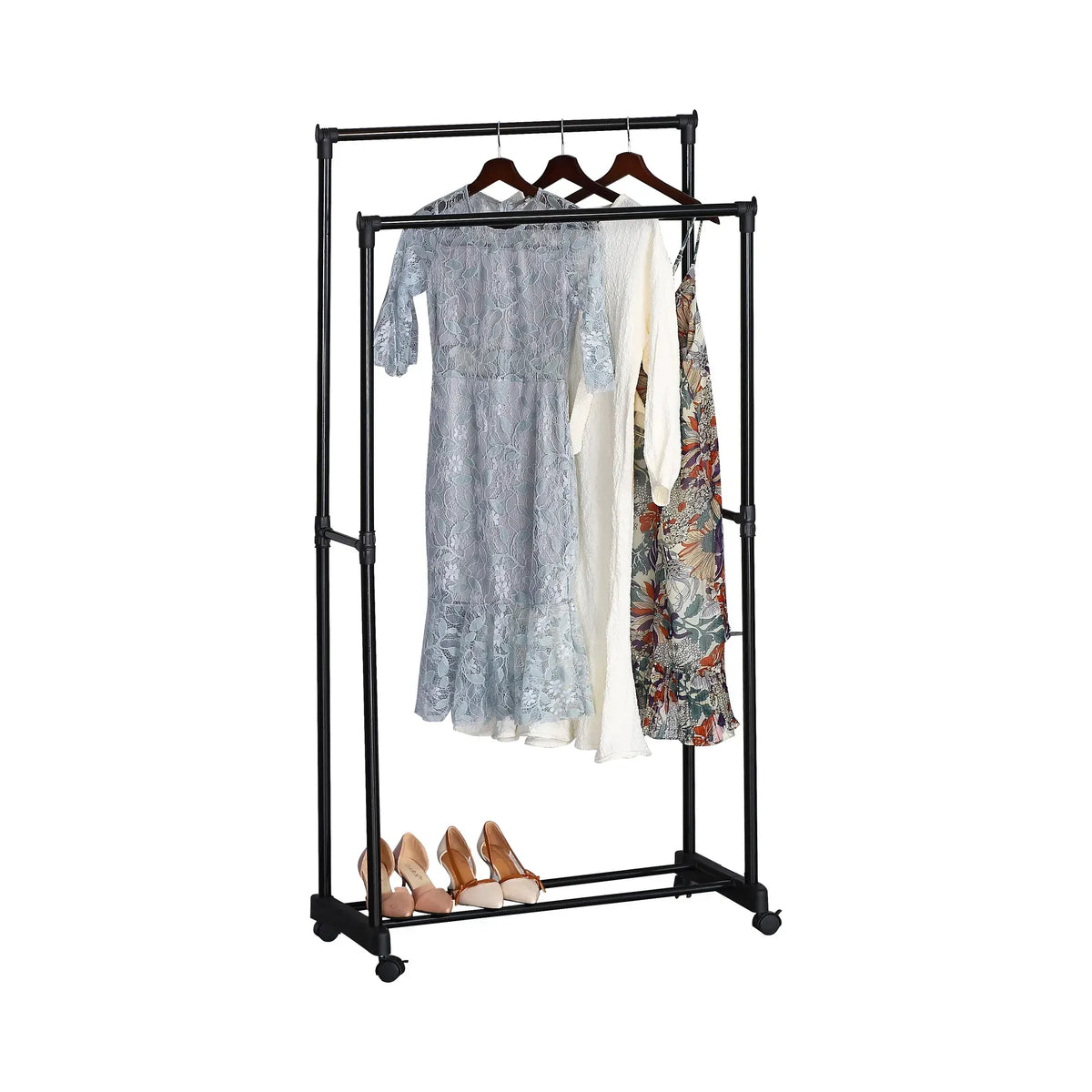 CARLA HOME Double Rod Garment Rack with Wheels - Black - Basic - Steel - Double Rod Clothes - Image 9