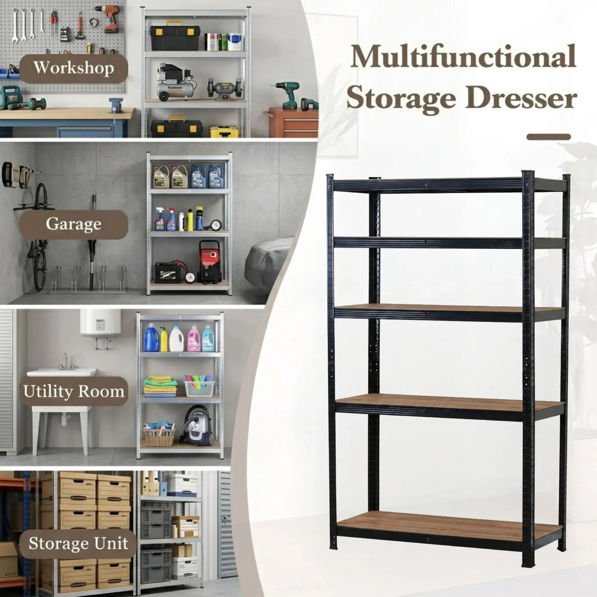 CARLA HOME 5 Tier Steel Shelving Unit - Garage Storage Shelf - Black - Modern - Image 4