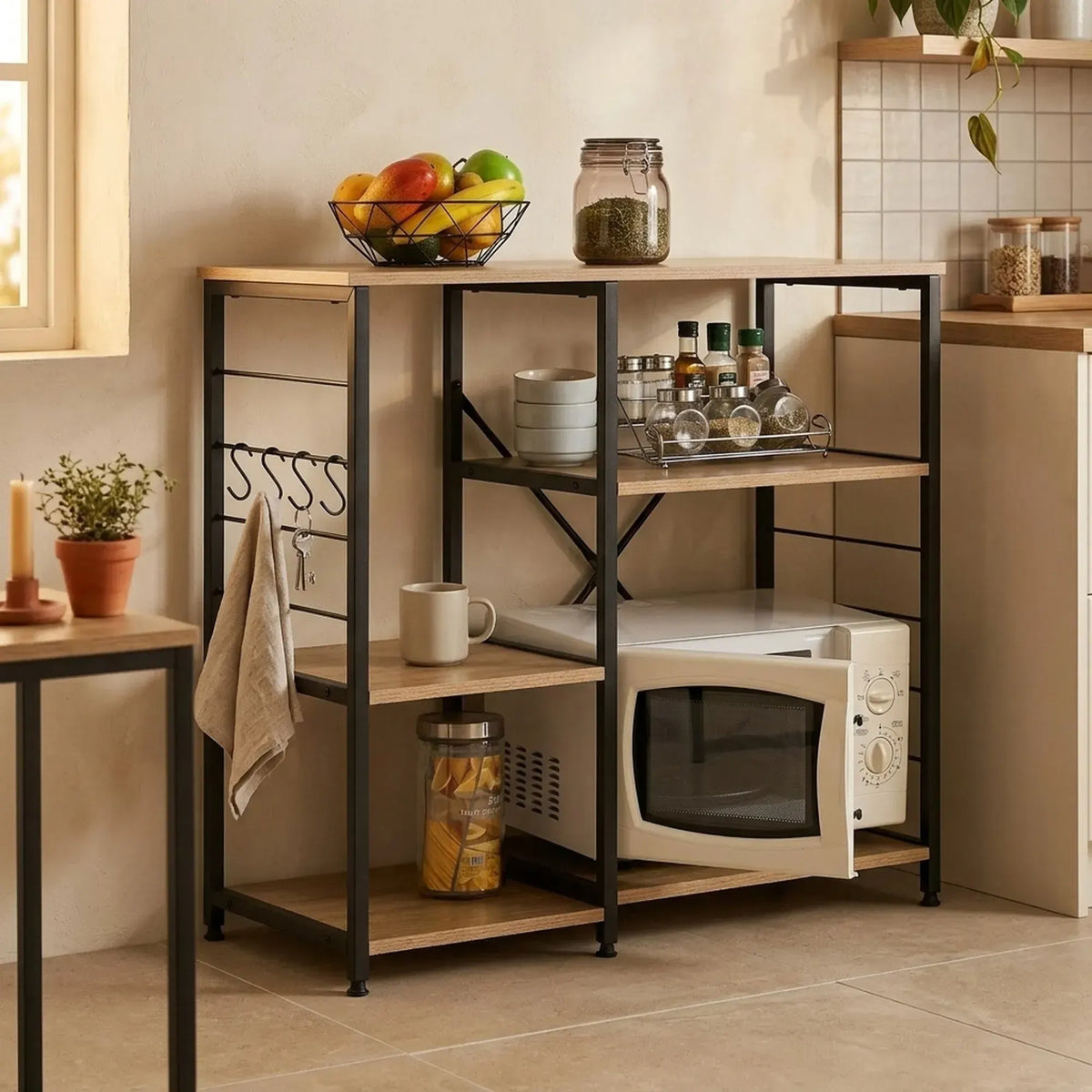 CARLA HOME Kitchen Baker's Rack 4 Tier - Metal Shelf with Hooks - Brown - Kitchen Rack - Image 2