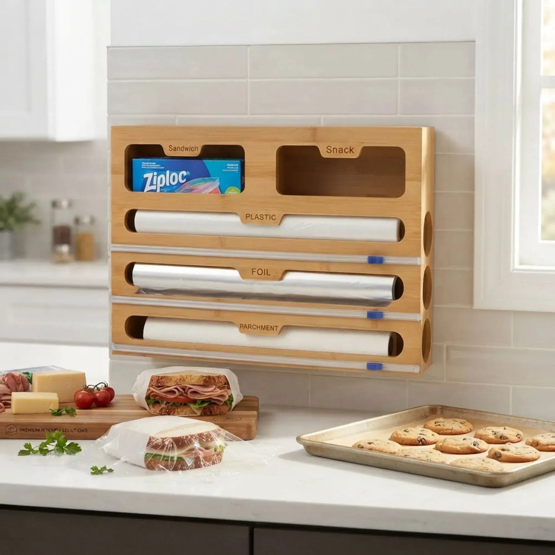 CARLA HOME Bamboo Wrap Organiser, 5 in 1 Dispenser with Cutter for Kitchen - Image 2